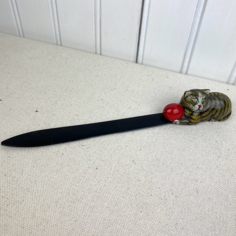 Vintage Cat Letter Opener with Red Ball Lacquer/Plastic